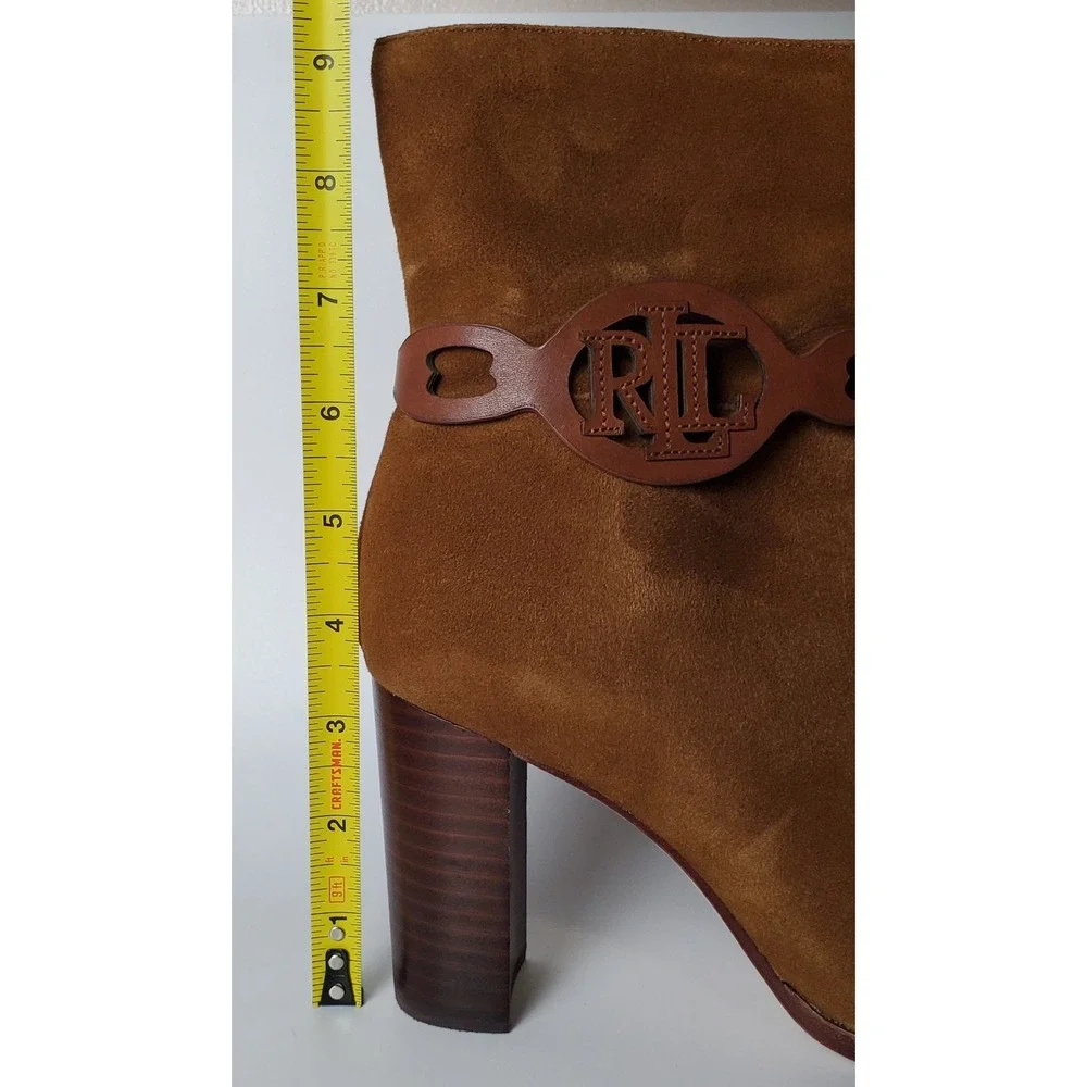 Ralph Lauren Abigael Brown Suede Leather‎ Booties Block Heel Classic Equestrian